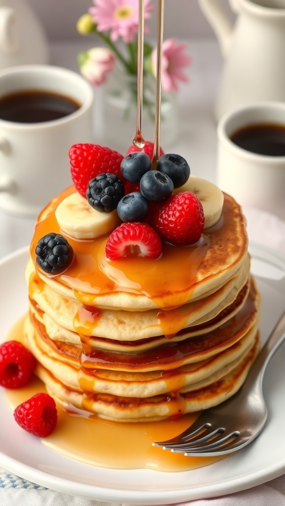 A stack of banana egg pancakes topped with syrup and berries on a plate.